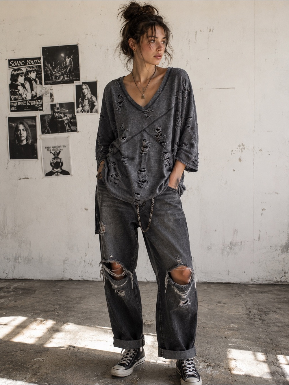 Indigo Thread Co Distressed Gray Oversized V Neck Tunic Top Grunge 1X
